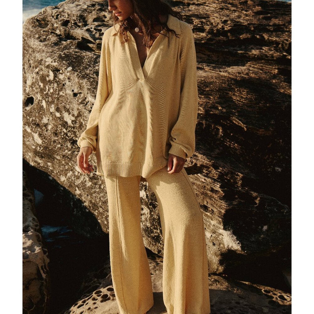 NWT Free People Mustard Yellow Knit Wide-Leg Pants